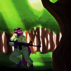 Size: 2000x2000 | Tagged: safe, artist:sintacle, tempest shadow, anthro, unguligrade anthro, g4, bandana, broken horn, clothes, commission, eye scar, fatigues, female, forest, gun, high res, horn, m4 carbine, rifle, scar, soldier, soldier pony, solo, tactical vest, uniform, weapon