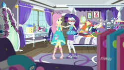Size: 1920x1080 | Tagged: safe, screencap, fluttershy, rarity, costume conundrum, equestria girls, equestria girls series, g4, spoiler:choose your own ending (season 2), spoiler:eqg series (season 2), bed, clothes, costume, costume conundrum: rarity, dress, female, fluttershy boho dress, geode of fauna, geode of shielding, glasses, happy, magical geodes, mirror, rarity peplum dress, rarity's bedroom, rarity's glasses, sewing machine