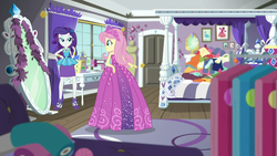 Size: 1920x1080 | Tagged: safe, screencap, fluttershy, rarity, costume conundrum, costume conundrum: rarity, equestria girls, g4, my little pony equestria girls: choose your own ending, beautiful, bed, clothes, costume, dress, female, flutterbeautiful, geode of shielding, gown, happy, magical geodes, mirror, princess costume, princess fluttershy, rarity peplum dress, rarity's bedroom, sewing machine, sleeveless, window