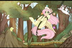 Size: 1318x882 | Tagged: safe, artist:misucats, angel bunny, fluttershy, butterfly, pegasus, pony, rabbit, daring doubt, g4, animal, duo, female, forest, hat, mare, swinging, vine, watermark