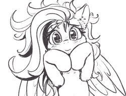 Size: 1923x1459 | Tagged: safe, artist:alcor, fluttershy, pegasus, pony, g4, black and white, blushing, bust, chest fluff, cute, ear fluff, female, grayscale, hooves to the chest, looking at you, mare, messy mane, monochrome, shyabetes, simple background, smiling, solo, sweet dreams fuel, weapons-grade cute, white background