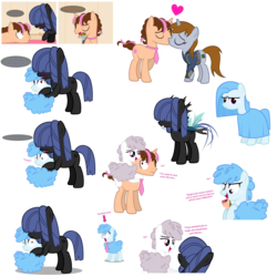 Size: 5000x5000 | Tagged: safe, artist:zacatron94, oc, oc:curly mane, oc:littlepip, oc:neigh sayer, oc:think pink, earth pony, pony, sheep pony, unicorn, fallout equestria, absurd resolution, clothes, eyes closed, fanfic, fanfic art, female, fusion, hetero littlepip, hooves, horn, jumpsuit, kissing, male, mare, necktie, open mouth, pipbuck, raised hoof, simple background, stallion, toy, transparent background, vault suit, vector, x eyes