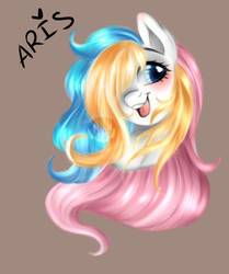 Size: 818x977 | Tagged: safe, artist:misucats, oc, oc only, oc:aris, pony, art trade, blushing, brown background, bust, female, hair over one eye, mare, open mouth, simple background, smiling, solo