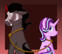 Size: 1100x950 | Tagged: safe, artist:enigmadoodles, king sombra, starlight glimmer, pony, unicorn, fanfic:shadow of a doubt, g4, abstract background, duo, fanfic, fanfic art, fanfic cover, female, floppy ears, frown, looking back, male, mare, mask, missing accessory, muzzle, prisoner, rope, sitting, stallion, wip