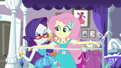 Size: 1912x1080 | Tagged: safe, screencap, fluttershy, rarity, costume conundrum, equestria girls, equestria girls series, g4, spoiler:choose your own ending (season 2), spoiler:eqg series (season 2), bed, bracelet, clothes rack, costume conundrum: rarity, female, fluttershy boho dress, geode of fauna, glasses, jewelry, magical geodes, measuring, measuring tape, rarity peplum dress, rarity's bedroom, rarity's glasses