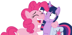 Size: 5297x2597 | Tagged: safe, artist:sketchmcreations, pinkie pie, twilight sparkle, alicorn, earth pony, pony, a trivial pursuit, g4, cheek squish, duo, eyes closed, female, frown, hoof around neck, horrified, mare, open mouth, saddle bag, simple background, smiling, squishy cheeks, transparent background, twilight sparkle (alicorn), vector