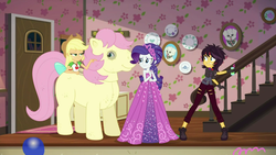 Size: 1280x720 | Tagged: safe, screencap, applejack, fluttershy, posey, rarity, sunset shimmer, wooyoo, costume conundrum, costume conundrum: applejack, equestria girls, g1, g4, my little pony equestria girls: choose your own ending, bow, bulk biceps' home, clothes, costume, fangs, female, fluttershy suit, geode of empathy, magical geodes, pantomime horse, quadsuit, scared, sleeveless, tail bow, two-person costume, vampire shimmer