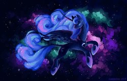 Size: 2048x1321 | Tagged: safe, artist:sharktaiis, princess luna, alicorn, pony, g4, curved horn, cutie mark, ethereal mane, eyes closed, female, flying, galaxy, horn, jewelry, leonine tail, long eyelashes, long horn, mare, nebula, regalia, solo, space, starry mane, stars, turned head