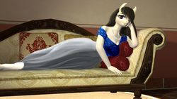 Size: 1280x720 | Tagged: safe, artist:zsnowfilez, octavia melody, anthro, g4, 3d, clothes, couch, draw me like one of your french girls, female, jewelry, necklace, pearl necklace, shirt, skirt, solo, top
