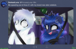 Size: 3500x2250 | Tagged: safe, artist:darkest-lunar-flower, princess luna, oc, oc:lux, oc:lux(pearle), alien, pony, g4, angry, area 51, car, crying, driving, gun, high res, jewelry, meme, military, regalia, scared, seatbelt, this will not end well, weapon
