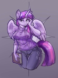 Size: 1200x1600 | Tagged: safe, artist:noupie, twilight sparkle, alicorn, anthro, g4, book, breasts, clothes, curvy, female, mare, pants, solo, twilight sparkle (alicorn)