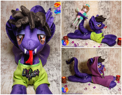 Size: 2560x2000 | Tagged: safe, artist:1stastrastudio, hybrid, original species, pony, snake pony, clothes, cobra starship, commission, fangs, gabe saporta, high res, hoodie, irl, lidded eyes, male, photo, plushie, ponified, prehensile tail, prone, shirt, solo, stallion, t-shirt, tongue out, undershirt