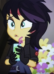 Size: 2211x3022 | Tagged: safe, screencap, sunset shimmer, costume conundrum, costume conundrum: applejack, equestria girls, g4, my little pony equestria girls: choose your own ending, clothes, costume, crazy straw, cropped, drink, drinking straw, fangs, female, gloves, high res, solo, vampire shimmer, wig