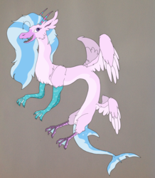 Size: 1844x2112 | Tagged: safe, artist:nightshade2004, silverstream, draconequus, g4, draconequified, female, fish tail, four wings, gray background, multiple wings, simple background, solo, species swap, wings