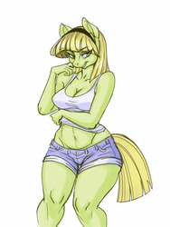 Size: 1200x1600 | Tagged: safe, artist:noupie, oc, oc only, oc:lemon dream, earth pony, anthro, anthro oc, belly button, breasts, cleavage, clothes, female, mare, midriff, shorts, solo, tank top