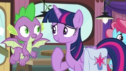 Size: 1920x1080 | Tagged: safe, screencap, cup cake, spike, twilight sparkle, alicorn, dragon, pony, a trivial pursuit, g4, claws, female, male, mare, saddle bag, smiling, twilight sparkle (alicorn), winged spike, wings