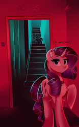 Size: 2478x4000 | Tagged: safe, artist:xjenn9, rarity, pony, unicorn, g4, collar, dialogue, female, looking at you, mare, raised eyebrow, raised hoof, redraw, stairs