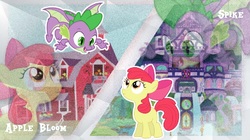 Size: 1920x1078 | Tagged: safe, edit, apple bloom, spike, dragon, pony, g4, aliasing, applejack's barn, barn, caption, duo, english, female, filly, film grain, flying, looking at each other, looking down, looking up, male, open mouth, school of friendship, ship:spikebloom, shipping, standing, straight, wallpaper, winged spike, wings