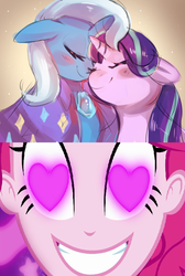 Size: 500x742 | Tagged: safe, artist:cherivinca, edit, pinkie pie, starlight glimmer, trixie, coinky-dink world, equestria girls, g4, my little pony equestria girls: summertime shorts, female, heart eyes, lesbian, meme, pinkie the shipper, pinkie's eyes, ship:startrix, shipping, wingding eyes