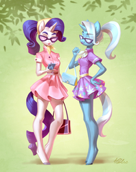 Size: 2067x2610 | Tagged: safe, artist:holivi, rarity, trixie, unicorn, anthro, unguligrade anthro, g4, camping outfit, cellphone, clothes, dress, duo, female, glasses, high res, legs, mare, phone, purse, smartphone