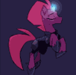 Size: 588x585 | Tagged: safe, artist:rollingrabbit, edit, editor:undeadponysoldier, tempest shadow, pony, unicorn, g4, beautiful, broken horn, eyes closed, female, glowing horn, horn, majestic, mare, pixel art, solo