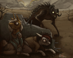 Size: 2500x2000 | Tagged: safe, artist:baccizoof, artist:vosaznosa, oc, oc only, deathclaw, earth pony, pony, unicorn, fallout equestria, apocalypse, clothes, dead tree, dystopia, fallout, fanfic, fanfic art, hiding, high res, hooves, horn, jumpsuit, nightmare fuel, nuka cola, pipbuck, rainbow, ruins, tree, vault suit