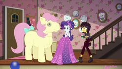 Size: 1280x720 | Tagged: safe, screencap, posey, rarity, sunset shimmer, wooyoo, costume conundrum, costume conundrum: applejack, equestria girls, equestria girls series, g4, spoiler:choose your own ending (season 2), spoiler:eqg series (season 2), bow, clothes, dress, fake fangs, fangs, female, geode of super strength, magical geodes, pantomime horse, quadsuit, sleeveless, tail bow, two-person costume, vampire shimmer, wig