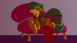 Size: 3840x2160 | Tagged: safe, artist:cowsrtasty, oc, oc only, oc:blocky bits, earth pony, pony, chains, collar, commission, couch, female, high res, lying down, mare, slave leia outfit, solo