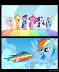 Size: 640x781 | Tagged: safe, edit, edited screencap, editor:teren rogriss, screencap, applejack, fluttershy, pinkie pie, rainbow dash, rarity, twilight sparkle, alicorn, earth pony, pegasus, pony, unicorn, all bottled up, g4, best friends until the end of time, cowboy hat, cursed, female, flying, hat, hooves, horn, mane six, mare, open mouth, rainbow, self paradox, size difference, spread wings, twilight sparkle (alicorn), wings