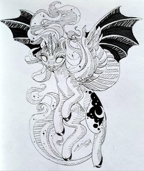 Size: 1280x1518 | Tagged: safe, artist:creeate97, nightmare moon, alicorn, pony, g4, bat wings, black and white, creepy, female, flying, grayscale, hybrid wings, ink drawing, mare, monochrome, scary, simple background, solo, spread wings, traditional art, white background, wings