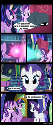 Size: 640x1491 | Tagged: safe, edit, edited screencap, editor:teren rogriss, screencap, rarity, starlight glimmer, twilight sparkle, alicorn, pony, unicorn, g4, it isn't the mane thing about you, book, bookshelf, comic, couch, eyes closed, female, glowing horn, grin, hooves, horn, library, magic, mare, nervous, nervous smile, raised hoof, screencap comic, smiling, twilight sparkle (alicorn), twilight's castle, twilight's castle library, wavy mouth, wings
