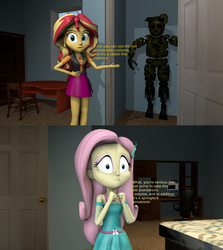 Size: 2720x3048 | Tagged: safe, artist:fazbearsparkle, fluttershy, sunset shimmer, costume conundrum, costume conundrum: sunset shimmer, equestria girls, g4, my little pony equestria girls: choose your own ending, 3d, animatronic, clothes, costume, dialogue, five nights at freddy's, five nights at freddy's 3, fnaf 3, high res, horrified, source filmmaker, springtrap