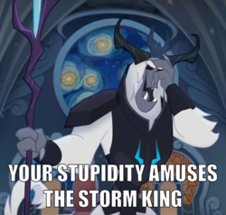 Size: 880x838 | Tagged: safe, edit, edited screencap, screencap, storm king, yeti, g4, my little pony: the movie, antagonist, armor, canterlot castle, caption, cropped, crown, eyes closed, facepalm, fangs, horns, image macro, jewelry, laughing, meme, reaction image, regalia, staff, staff of sacanas, stained glass, text