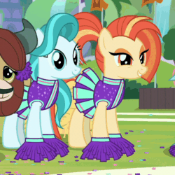 Size: 720x720 | Tagged: safe, screencap, lighthoof, ocellus, shimmy shake, yona, changedling, changeling, earth pony, pony, yak, 2 4 6 greaaat, g4, animated, buckball field, cheerleader outfit, clothes, cropped, female, laughing, mare, nodding, school of friendship