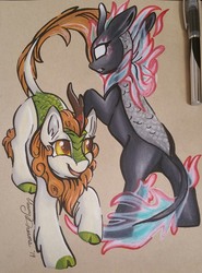 Size: 1591x2153 | Tagged: safe, artist:gleamydreams, autumn blaze, kirin, nirik, g4, balance, cloven hooves, female, golden eyes, jumping, light and dark, mare, moon and ocean, open mouth, push and pull, raised hoof, simple background, smiling, traditional art, yin-yang