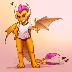 Size: 2375x2375 | Tagged: safe, artist:mykegreywolf, smolder, dragon, blushing, buruma, clothes, dragoness, female, gradient background, gym uniform, high res, impatient, looking at you, shirt, smolder is not amused, smoldere, solo, sports panties, tail wag, tapping, tsundere, unamused