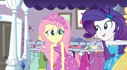 Size: 959x534 | Tagged: safe, fluttershy, rarity, costume conundrum, costume conundrum: rarity, equestria girls, g4, my little pony equestria girls: better together, bedroom, cute, princess fluttershy, princess outfit, rarity's bedroom (equestria girls), seriously, sleeveless