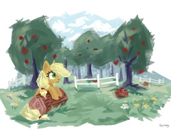 Size: 1280x960 | Tagged: safe, artist:ami-gami, applejack, earth pony, pony, g4, apple, apple tree, food, tree