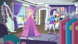 Size: 1600x900 | Tagged: safe, screencap, fluttershy, rarity, costume conundrum, equestria girls, equestria girls series, g4, spoiler:choose your own ending (season 2), spoiler:eqg series (season 2), beautiful, clothes, clothes hanger, costume conundrum: rarity, cute, dress, female, geode of shielding, jewelry, magical geodes, mirror, princess fluttershy, rarity peplum dress, rarity's bedroom, shyabetes, sleeveless, tiara