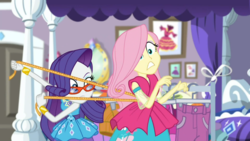 Size: 1600x900 | Tagged: safe, screencap, fluttershy, rarity, costume conundrum, equestria girls, equestria girls series, g4, spoiler:choose your own ending (season 2), spoiler:eqg series (season 2), costume conundrum: rarity, female, geode of fauna, geode of shielding, glasses, magical geodes, measuring tape, rarity's bedroom, rarity's glasses, shocked expression