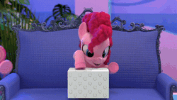 Size: 800x450 | Tagged: safe, screencap, pinkie pie, earth pony, pony, g4, hello pinkie pie, 3d, animated, box, cgi, cute, diapinkes, female, gif, it came from youtube, mare, pinkie pie is not amused, unamused, youtube link