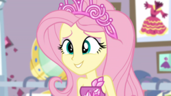 Size: 1600x900 | Tagged: safe, screencap, fluttershy, costume conundrum, costume conundrum: rarity, equestria girls, g4, my little pony equestria girls: choose your own ending, bare shoulders, close-up, cute, female, jewelry, princess fluttershy, rarity's bedroom, sleeveless, tiara