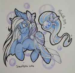 Size: 891x858 | Tagged: safe, artist:mychelle, oc, oc only, oc:snowflake lake, original species, solutai pony, female, solo, traditional art