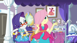 Size: 1600x900 | Tagged: safe, screencap, fluttershy, rarity, costume conundrum, costume conundrum: rarity, equestria girls, g4, my little pony equestria girls: choose your own ending, female, geode of fauna, geode of shielding, glasses, hair over one eye, magical geodes, measuring tape, rarity's bedroom, rarity's glasses