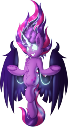 Size: 2086x3858 | Tagged: safe, artist:shad0w-galaxy, sci-twi, twilight sparkle, alicorn, pony, g4, belly button, chest fluff, ear fluff, equestria girls ponified, fangs, female, fluffy, flying, glowing eyes, high res, mare, midnight sparkle, ponified, sci-twilicorn, shoulder fluff, simple background, smiling, solo, transparent background
