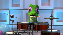 Size: 1920x1080 | Tagged: safe, edit, edited screencap, screencap, gummy, g4, hello pinkie pie, official, 3d, caption, cgi, drums, drumsticks, gator creator, meme, mouth hold, musical instrument, tongue out, youtube caption, youtube link