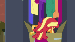 Size: 800x450 | Tagged: safe, screencap, fluttershy, sunset shimmer, costume conundrum, costume conundrum: sunset shimmer, equestria girls, g4, my little pony equestria girls: choose your own ending, animated, box, closet, clothes, costume, excited, eyes closed, female, geode of empathy, geode of fauna, gif, hairclip, head shake, holding up, hot dog costume, magical geodes, scared, smiling, terrifying