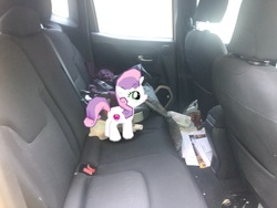 Size: 4032x3024 | Tagged: safe, gameloft, photographer:undeadponysoldier, sweetie belle, pony, unicorn, g4, augmented reality, car, cutie mark, female, filly, gameloft shenanigans, irl, photo, ponies in real life, solo, the cmc's cutie marks
