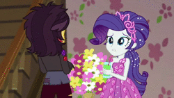 Size: 1920x1080 | Tagged: safe, screencap, applejack, fluttershy, posey, rarity, sunset shimmer, costume conundrum, costume conundrum: applejack, equestria girls, g1, g4, my little pony equestria girls: choose your own ending, animated, ass, bow, bulk biceps' home, butt, clothes, costume, costume party, dress, drink, fangs, female, g1 to g4, gasp, generation leap, glass, looking at each other, looking at someone, looking at something, mythology gag, pantomime horse, sound, tail bow, two-person costume, vampire shimmer, walking, webm, wig