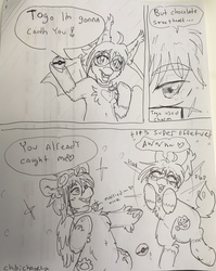 Size: 2723x3420 | Tagged: safe, artist:chibichangeling, oc, oc only, oc:chocolate miruku, oc:togo, bat pony, pegasus, pony, comic:#marriedponylife, bat pony oc, comic, duo, fluffy, glasses, high res, if you don't find this cute i don't care i made it for my husband, married couple, married couples doing married things, poké ball, pokémon, traditional art, wedding band